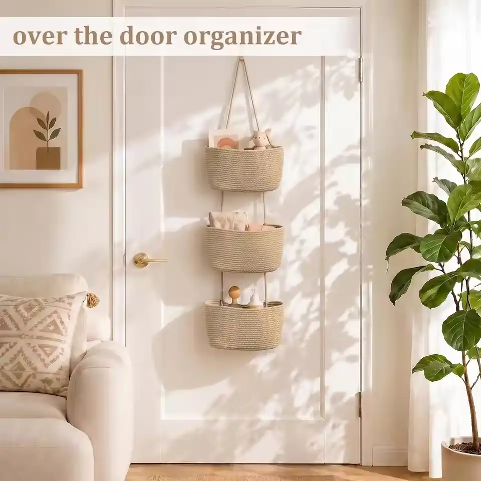 3-Tier Cotton Rope Wall Mounted Hanging Storage Basket Multilayer Organizer Bin for Bedroom Bathroom Home Decor